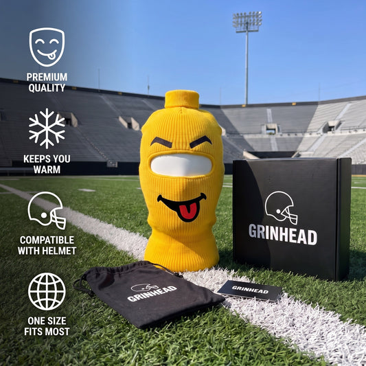 GRINHEAD Tongue Out face mask with gift box, pouch and card on stadium turf